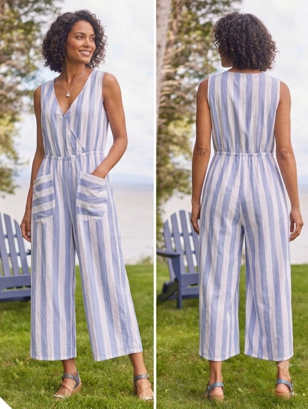 April Cornell Nantucket Blue and White Striped Sleeveless Romper Jumpsuit Nwot